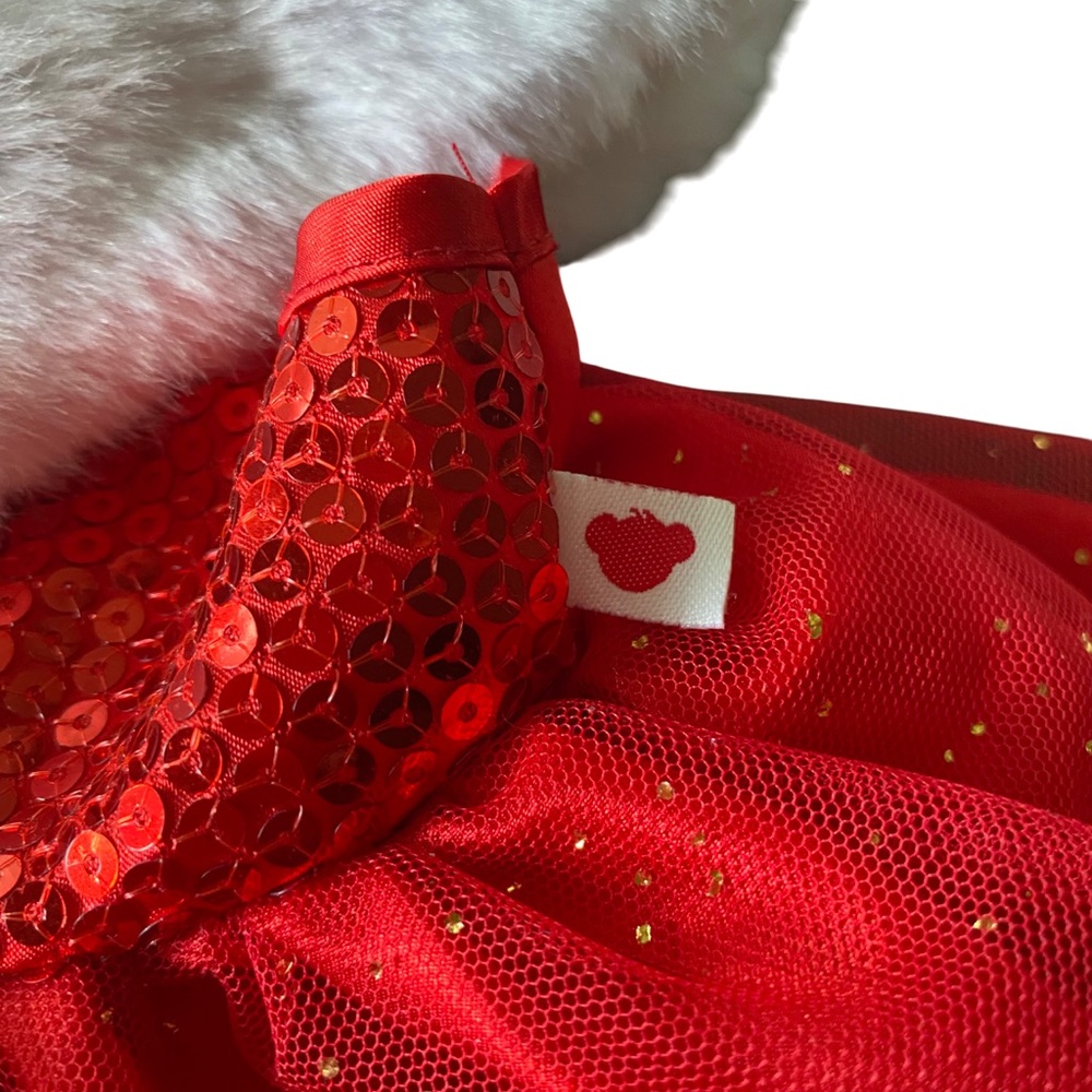 Build-A-Bear BABW Sparkly Red Gold Sequin Tulle White Fur Trim Holiday Dress - Picture 4 of 5